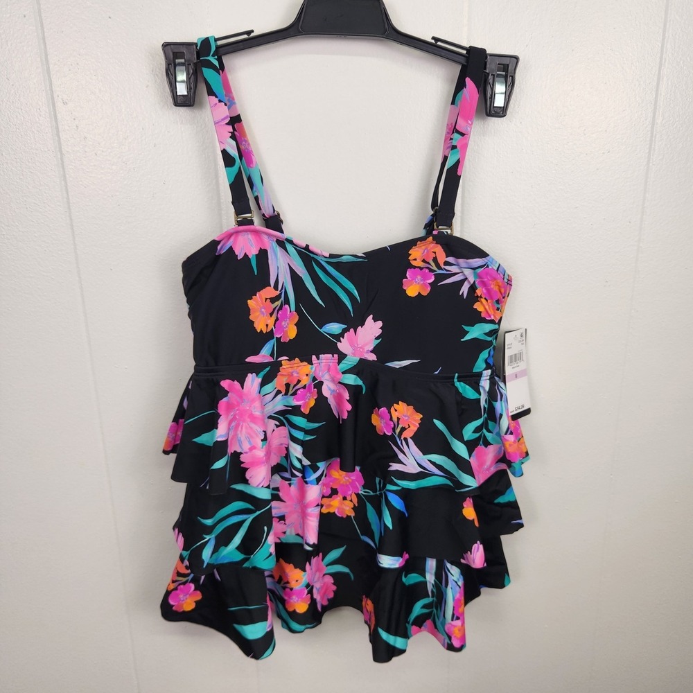 Island Escape Women's Black Floral Triple-Tier Bandeau Tankini Swim Top Size 6